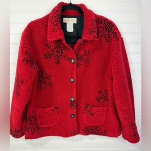 Vintage Sweet Jessie Sherpa red & black snowflake Christmas jacket. Size M/L